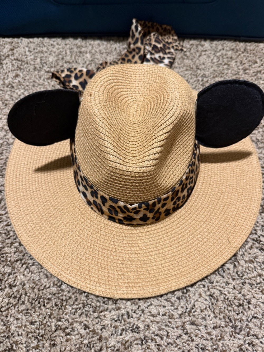 Leopard Band Straw Sun Hat with Mickey ears